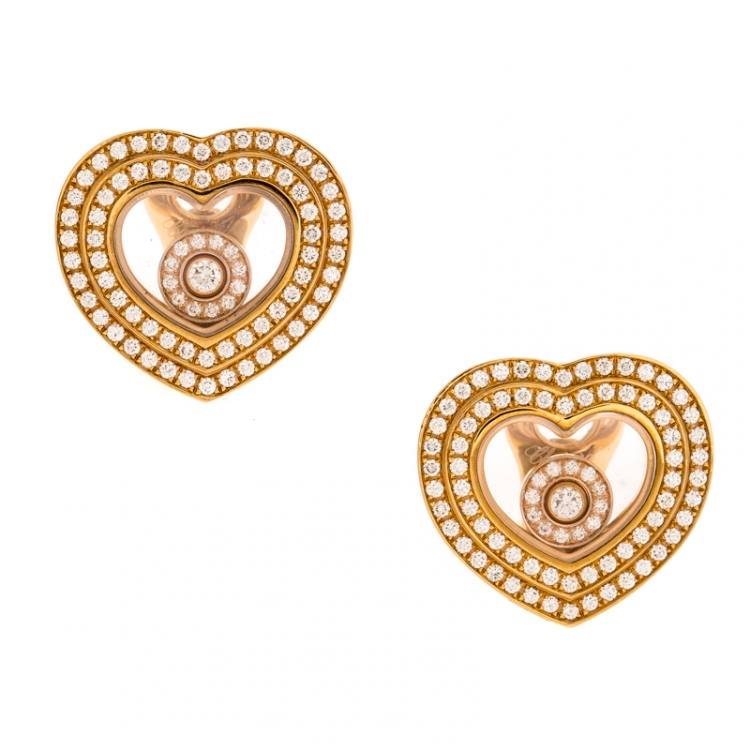 Pre Owned Chopard Diamond Pave 18K Yellow Gold Happy Diamonds Heart Earrings