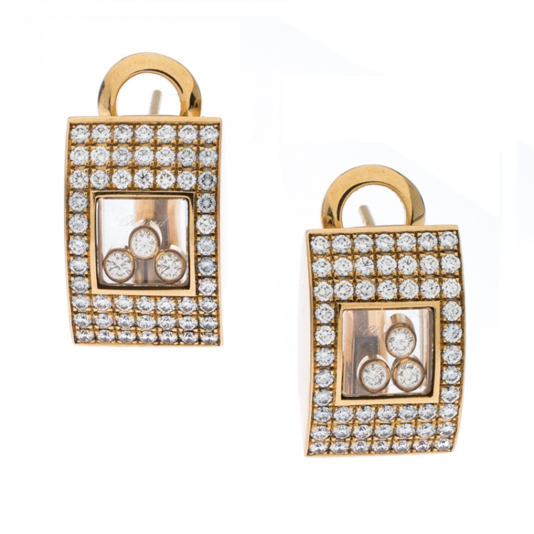 Pre Owned Chopard Happy Diamonds Pave 18k Yellow Gold Stud Earrings