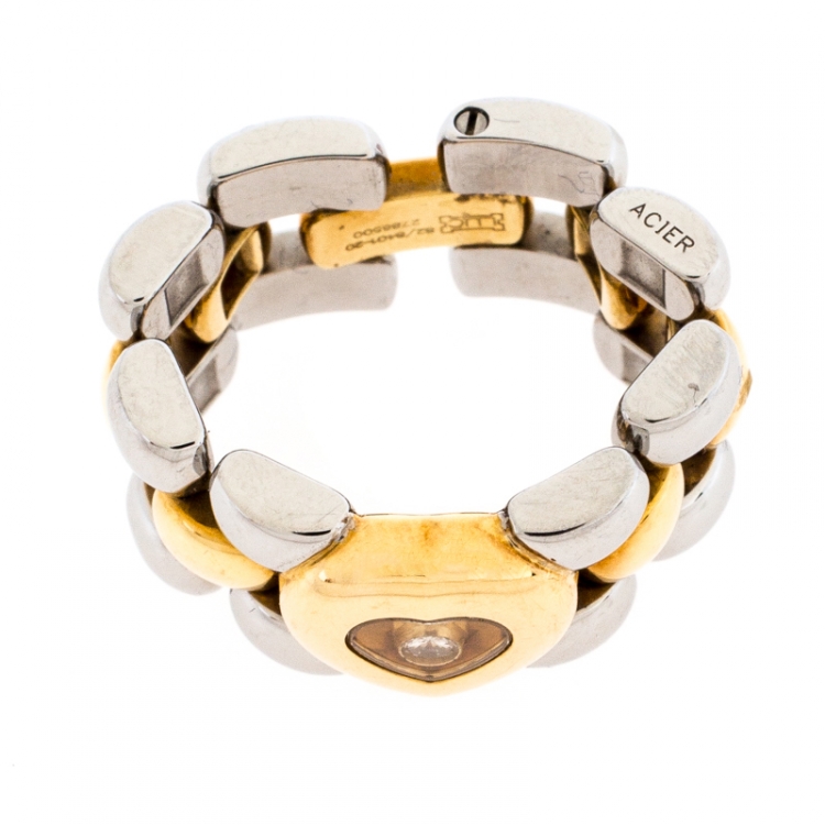 Pre Owned Chopard Happy Diamond Heart 18K Yellow Gold Stainless Steel Link Ring