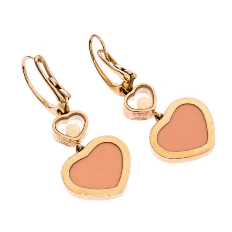 Pre Owned Chopard Happy Hearts 18K Rose Gold Diamond and Rose Stone Drop Earrings