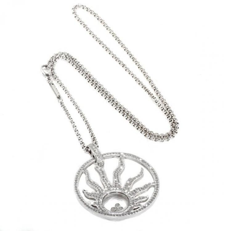 Pre Owned Chopard Diamond 18 K White Gold Happy Diamonds Sun Pendant Necklace 