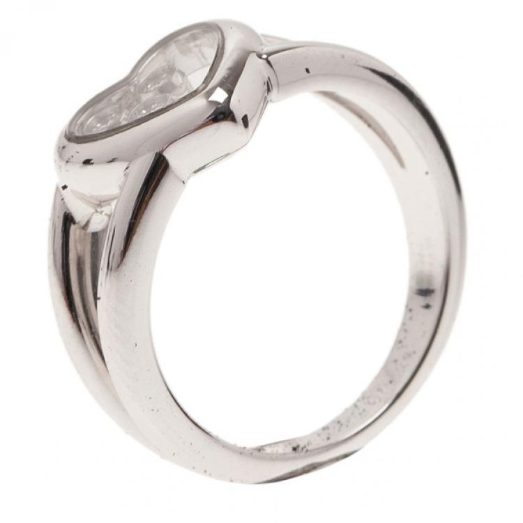 Pre Owned Chopard Happy Diamonds Heart 3 Diamonds White Gold Ring Size 53