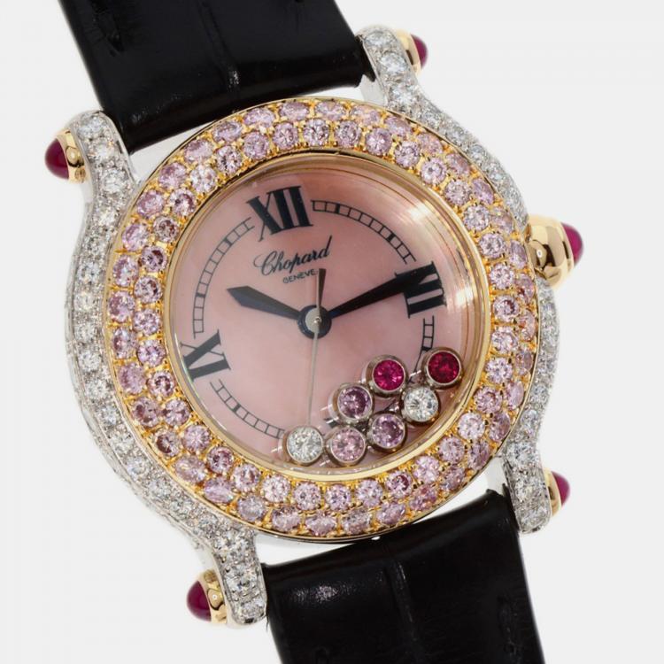 Pre Owned Chopard Pink Diamond 18k White Gold Happy Sport 27/6244 Quartz Women's Wristwatch 26 mm