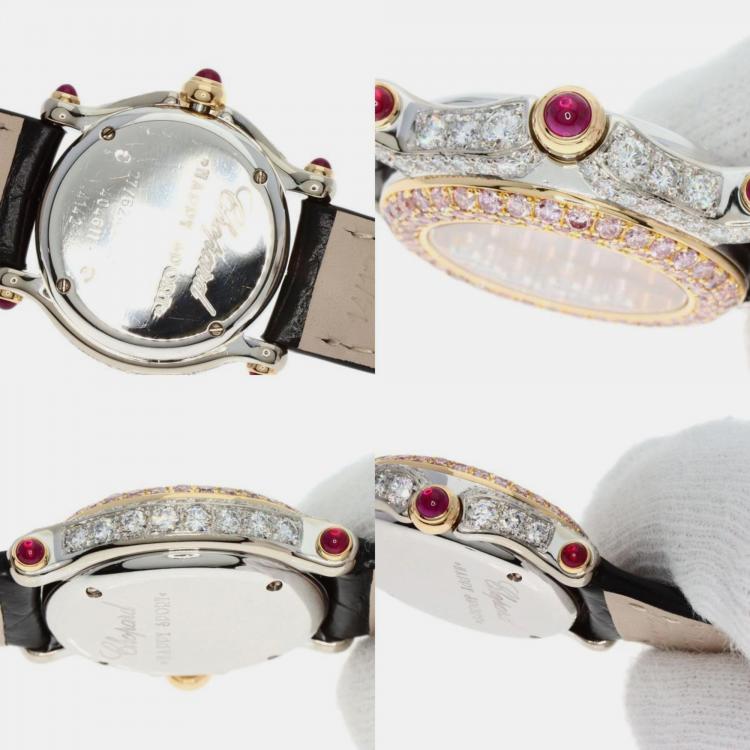 Pre Owned Chopard Pink Diamond 18k White Gold Happy Sport 27/6244 Quartz Women's Wristwatch 26 mm