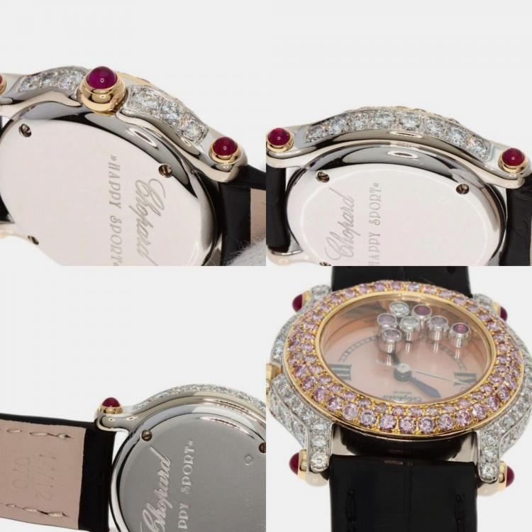 Pre Owned Chopard Pink Diamond 18k White Gold Happy Sport 27/6244 Quartz Women's Wristwatch 26 mm