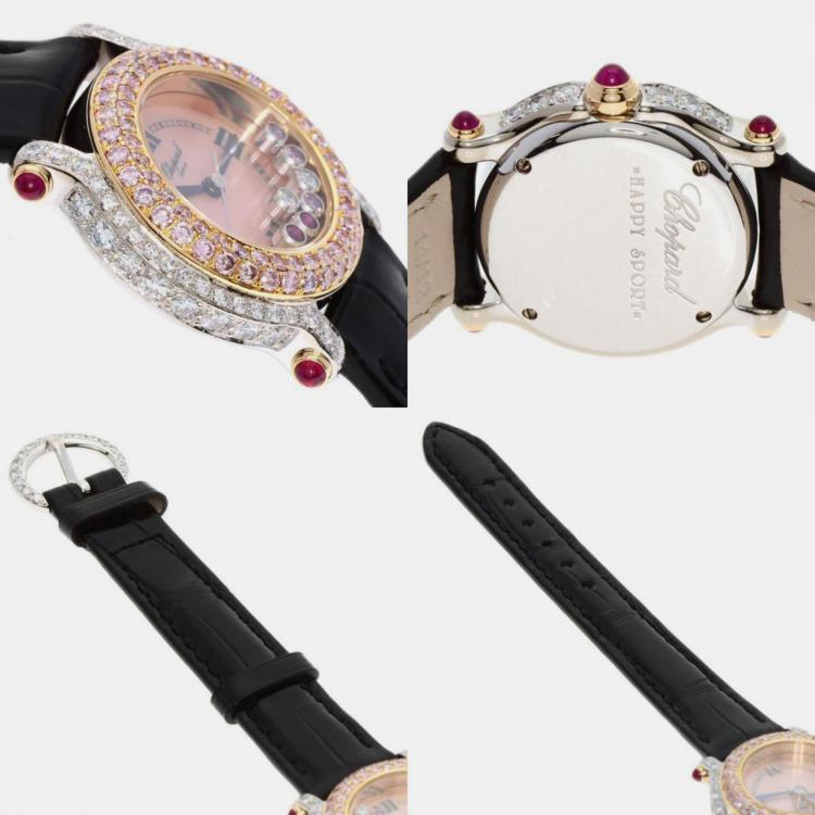 Pre Owned Chopard Pink Diamond 18k White Gold Happy Sport 27/6244 Quartz Women's Wristwatch 26 mm
