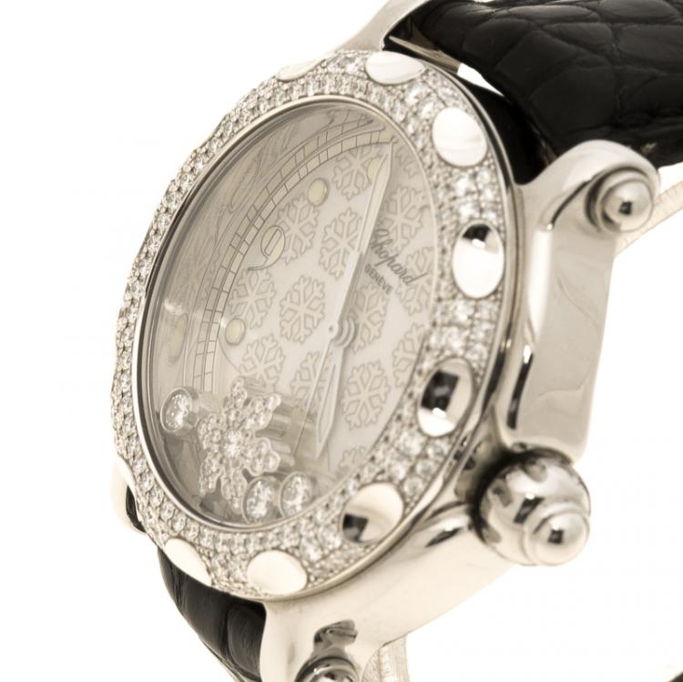 Pre Owned Chopard White Happy Sport Snowflakes 18K White Gold Steel Diamonds Women's Wristwatch 38 mm