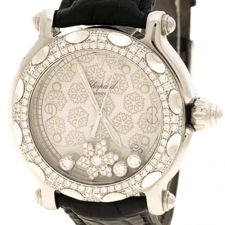Pre Owned Chopard White Happy Sport Snowflakes 18K White Gold Steel Diamonds Women's Wristwatch 38 mm