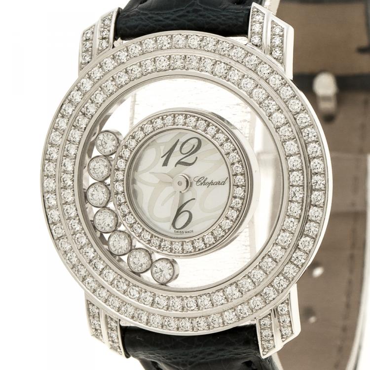 Pre Owned Chopard Mother of Pearl 18K White Gold Happy Diamonds Women's Wristwatch 30 mm