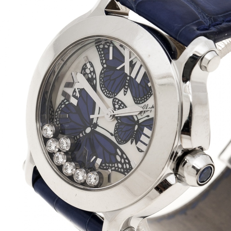 Pre Owned Chopard Blue Mother of Pearl Stainless Steel Happy Sport Diamonds Limited Edition 278475-3013 Women's Wristwatch 34 mm