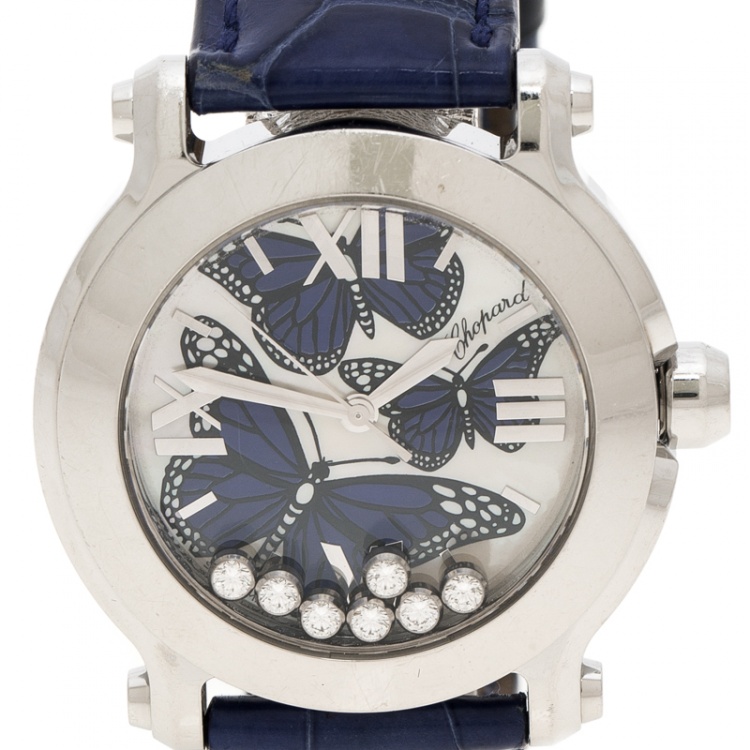 Pre Owned Chopard Blue Mother of Pearl Stainless Steel Happy Sport Diamonds Limited Edition 278475-3013 Women's Wristwatch 34 mm