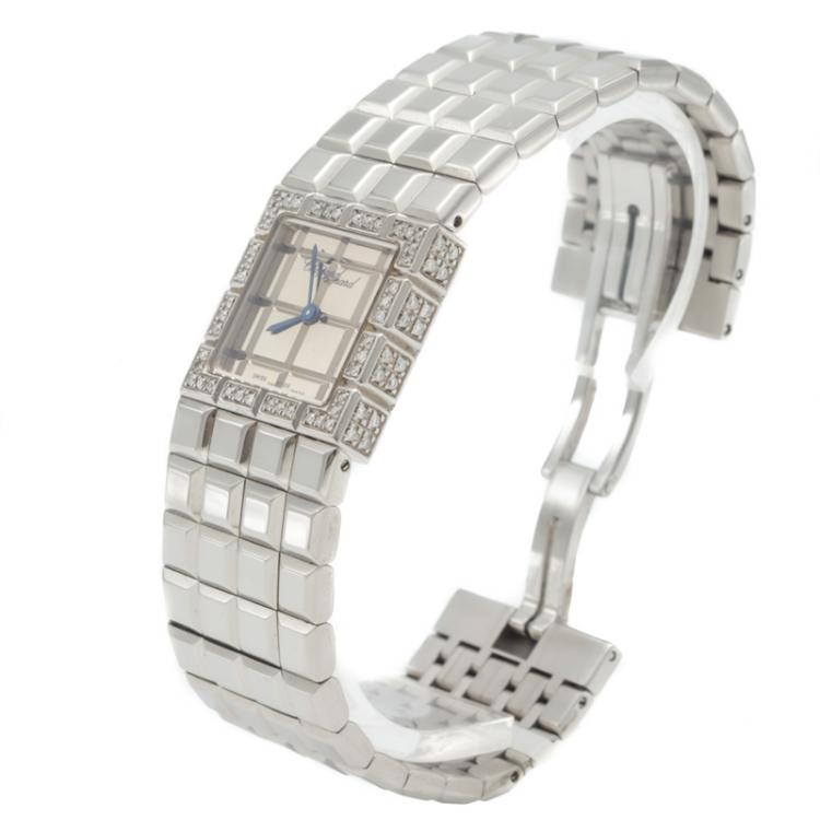 Pre Owned Chopard Silver Steel Ice Cube Diamond Bezel Women'S Watch 22MM