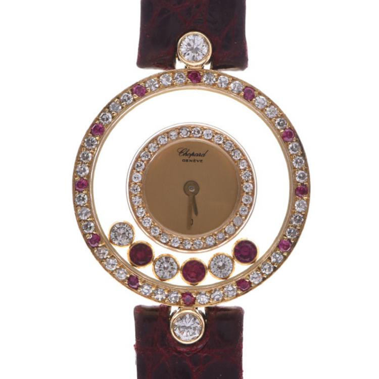 Pre Owned Chopard Champagne 18K Yellow Gold Ruby And Diamonds Happy Women's Wristwatch 23 MM