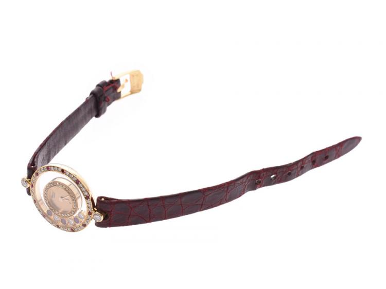 Pre Owned Chopard Champagne 18K Yellow Gold Ruby And Diamonds Happy Women's Wristwatch 23 MM