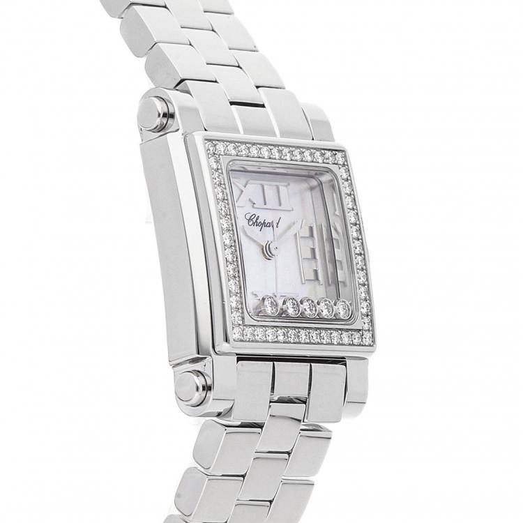 Pre Owned Chopard MOP Diamonds Happy Sport Square Stainless Steel 278516-3004 Women's Wristwatch 24 MM                                                                                                                                                      