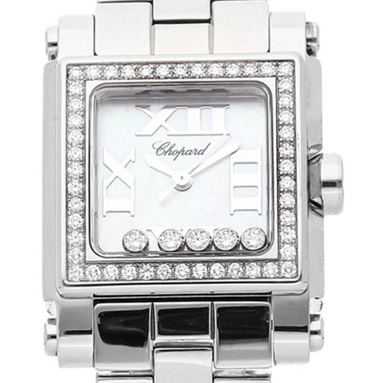 Pre Owned Chopard MOP Diamonds Happy Sport Square Stainless Steel 278516-3004 Women's Wristwatch 24 MM                                                                                                                                                      