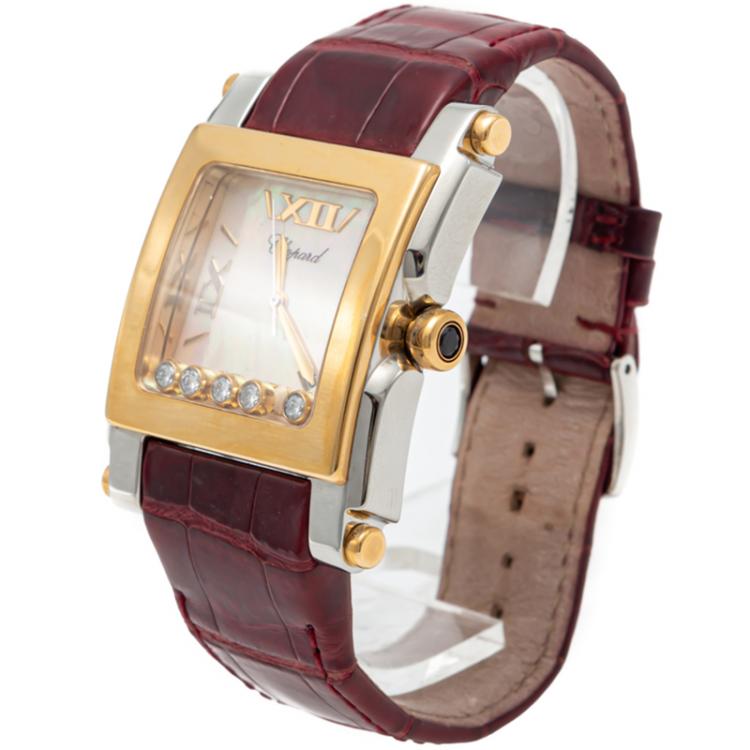 Pre Owned Chopard White Mother Of Pearl Happy Sport Steel & Yellow Gold Diamond Watch 36MM
