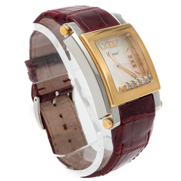 Pre Owned Chopard White Mother Of Pearl Happy Sport Steel & Yellow Gold Diamond Watch 36MM