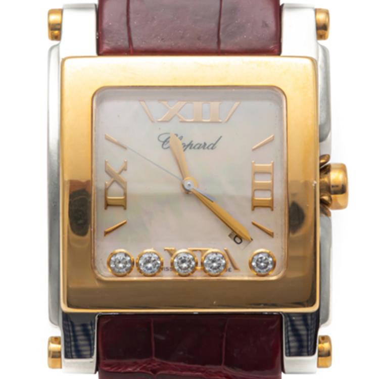 Pre Owned Chopard White Mother Of Pearl Happy Sport Steel & Yellow Gold Diamond Watch 36MM