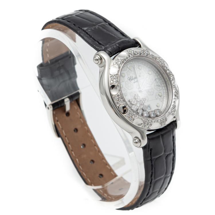 Pre Owned Chopard White Happy Sport Snow Flake Dial Stainless Steel Diamond Women's Watch 31MM
