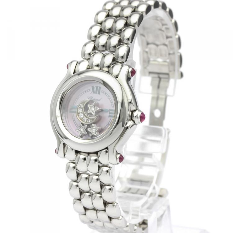 Pre Owned Chopard Pink MOP Stainless Steel Diamond Happy Sport 27/8250-21 Women's Wristwatch 26MM
