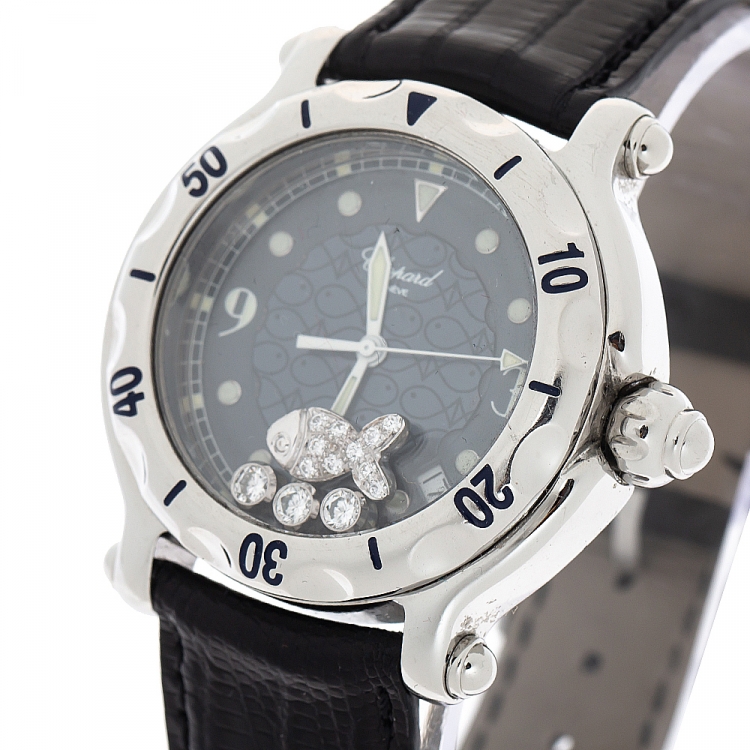 Pre Owned Chopard Blue Fish Motif Stainless Steel Diamonds Happy Sport 28/8347/8 Women's Wristwatch 38 mm