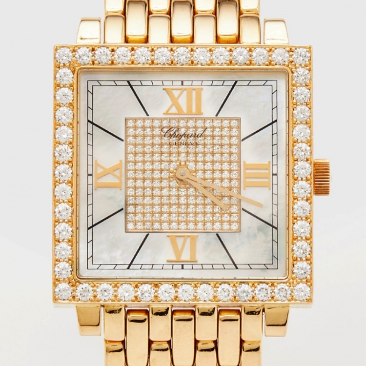 Pre Owned Chopard Mother Of Pearl 18K Yellow Gold Diamond Classique Square 14/3540/8-20 Women's Wristwatch 35 mm