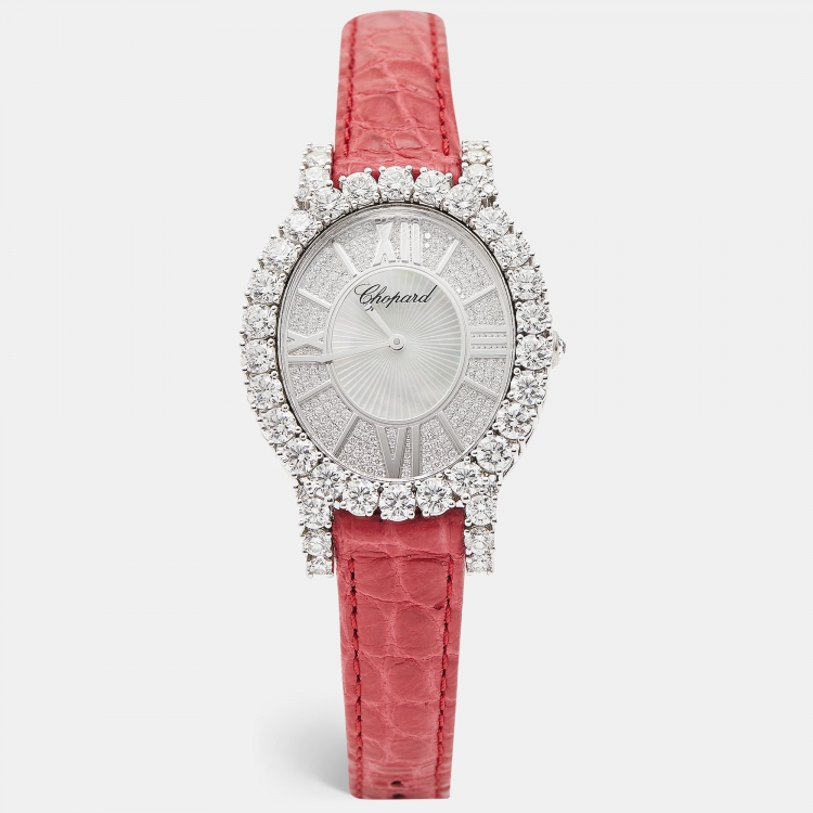 Pre Owned Chopard Mother of Pearl Diamonds 18K White Gold Alligator L'Heure Du Diamant Oval 139383-1001 Women's Wristwatch 40 mm