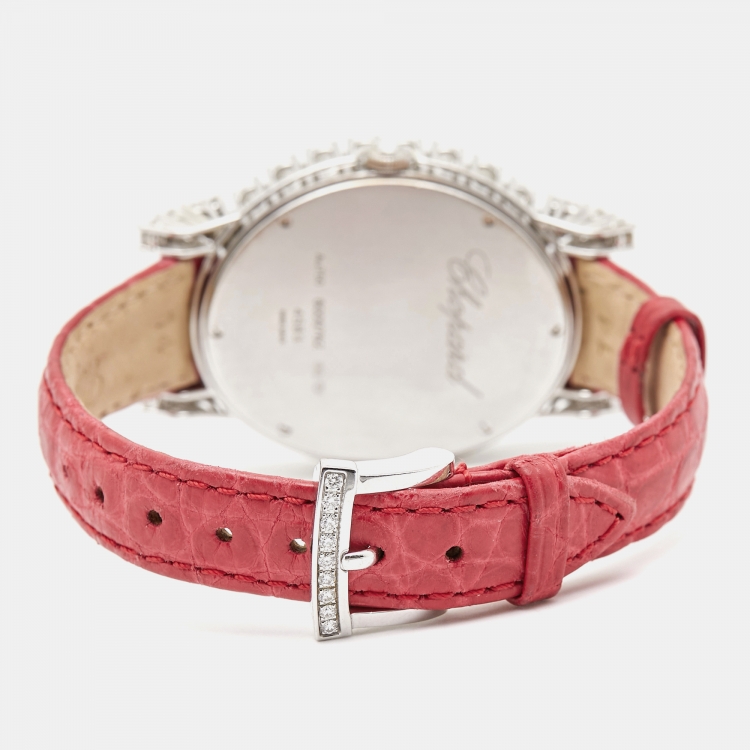 Pre Owned Chopard Mother of Pearl Diamonds 18K White Gold Alligator L'Heure Du Diamant Oval 139383-1001 Women's Wristwatch 40 mm
