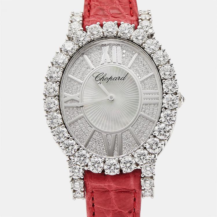 Pre Owned Chopard Mother of Pearl Diamonds 18K White Gold Alligator L'Heure Du Diamant Oval 139383-1001 Women's Wristwatch 40 mm