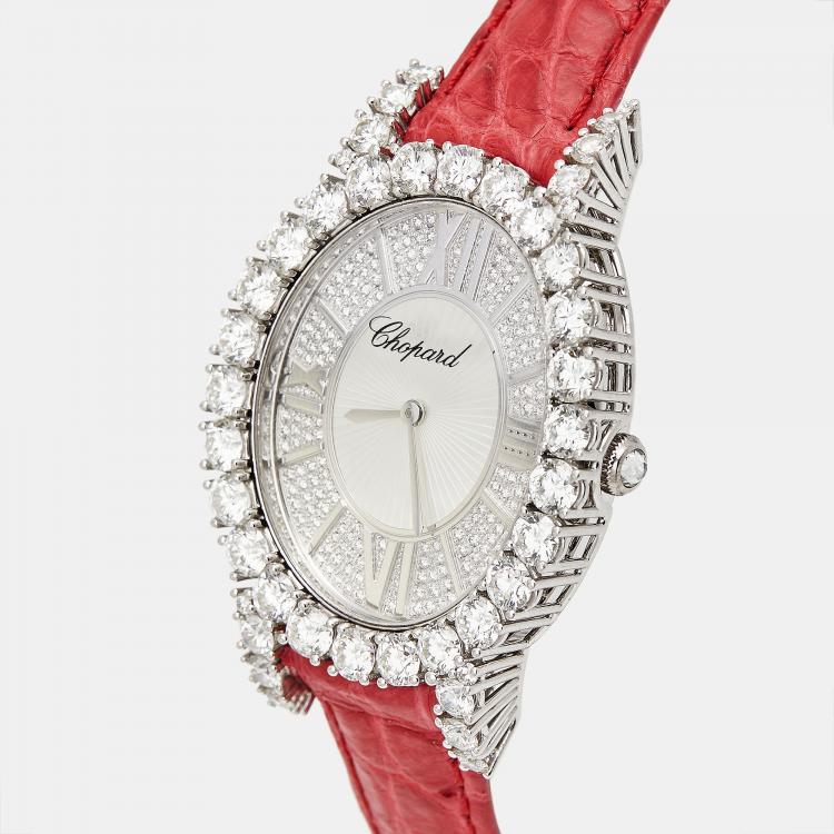 Pre Owned Chopard Mother of Pearl Diamonds 18K White Gold Alligator L'Heure Du Diamant Oval 139383-1001 Women's Wristwatch 40 mm