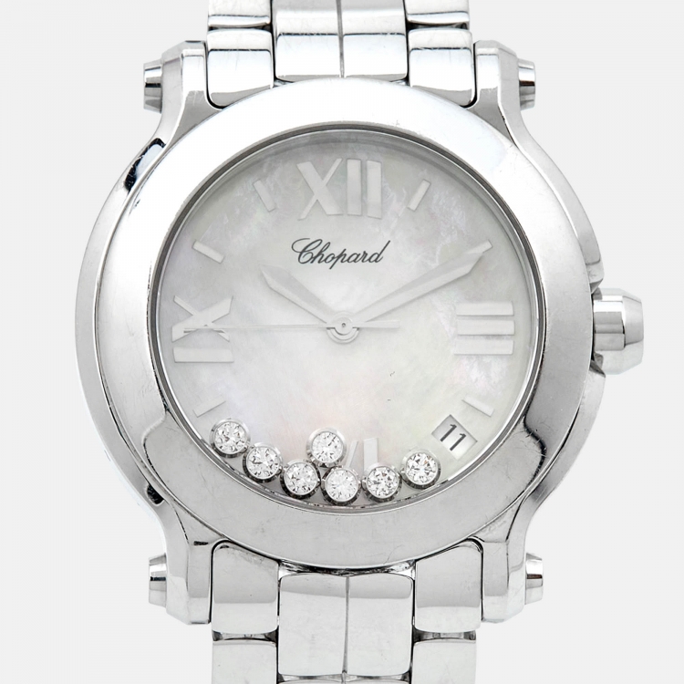 Pre Owned Chopard Mother Of Pearl Diamond Stainless Steel Happy Sport 8475 Women's Wristwatch 35 mm