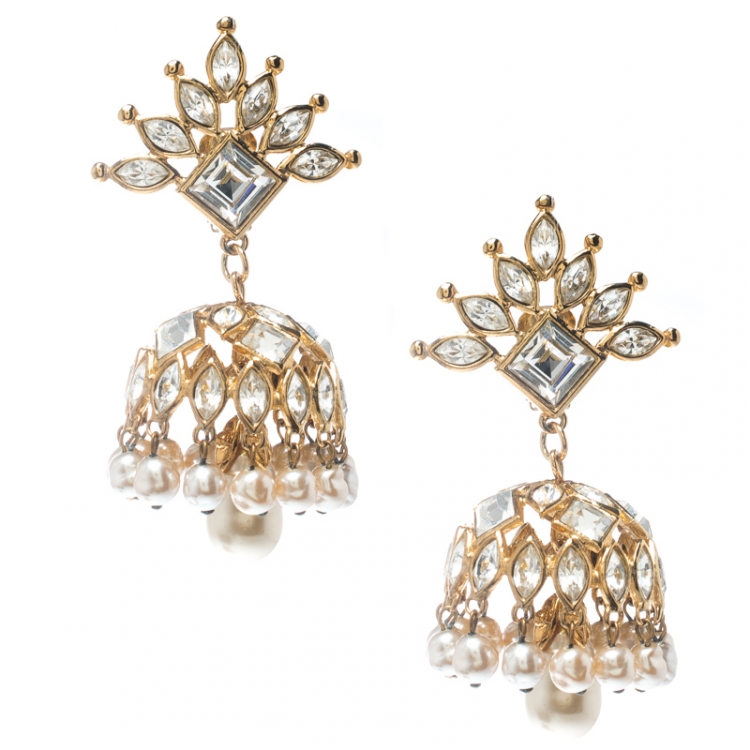 Pre Owned Christian Lacroix Faux Pearl & Crystal Gold Tone Long Clip-on Drop Earrings