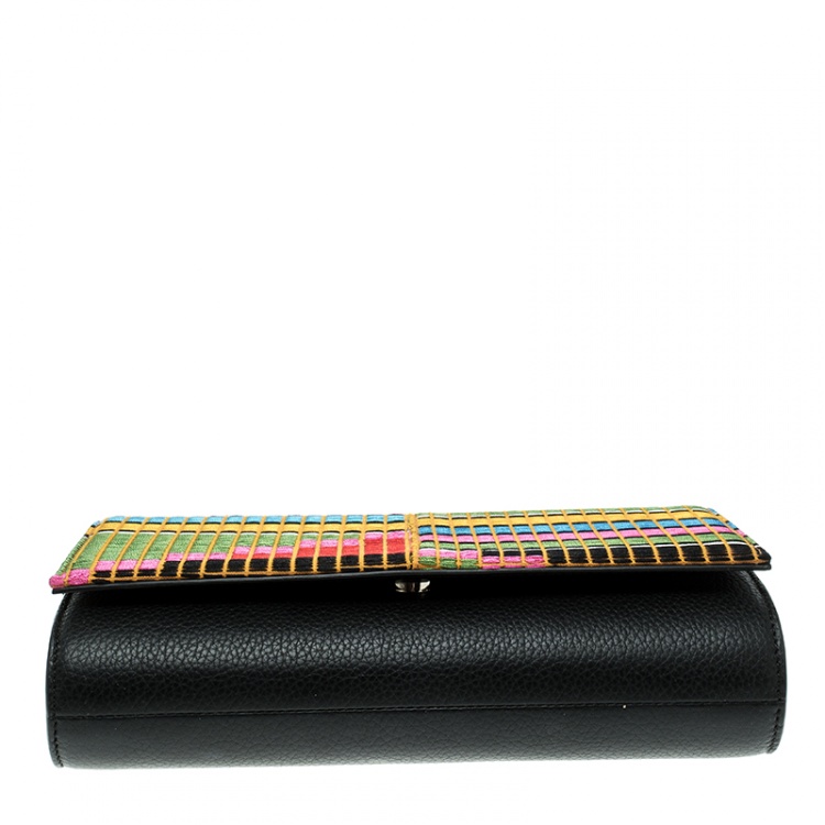 Pre Owned Christian Louboutin Black/Multicolor Leather and Embroidered Fabric Paloma Chain Clutch