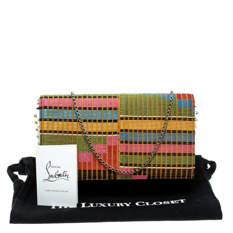 Pre Owned Christian Louboutin Black/Multicolor Leather and Embroidered Fabric Paloma Chain Clutch