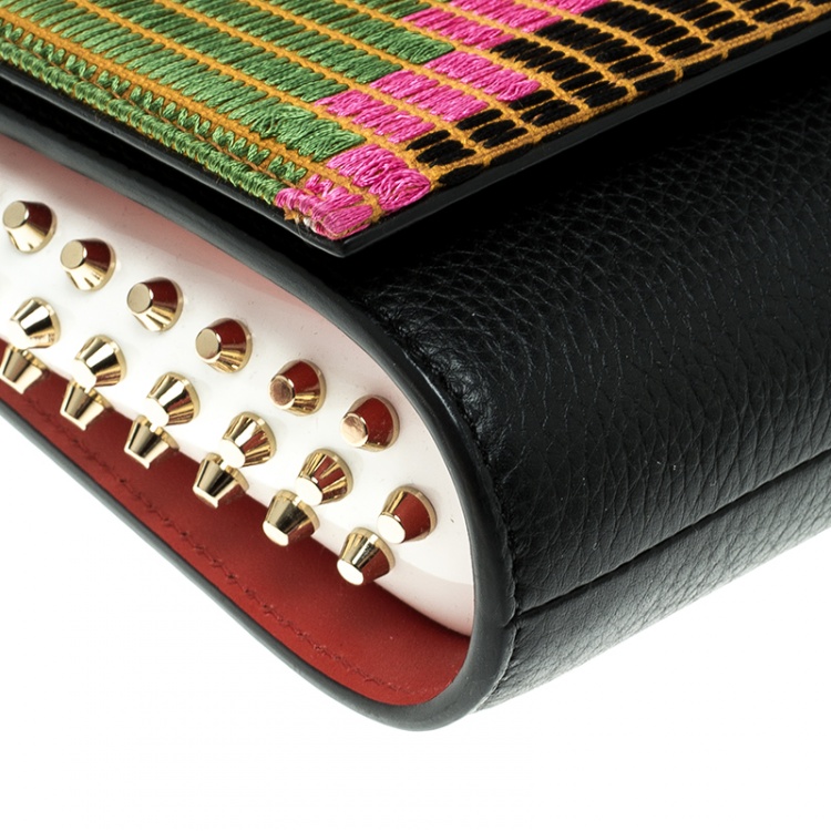 Pre Owned Christian Louboutin Black/Multicolor Leather and Embroidered Fabric Paloma Chain Clutch