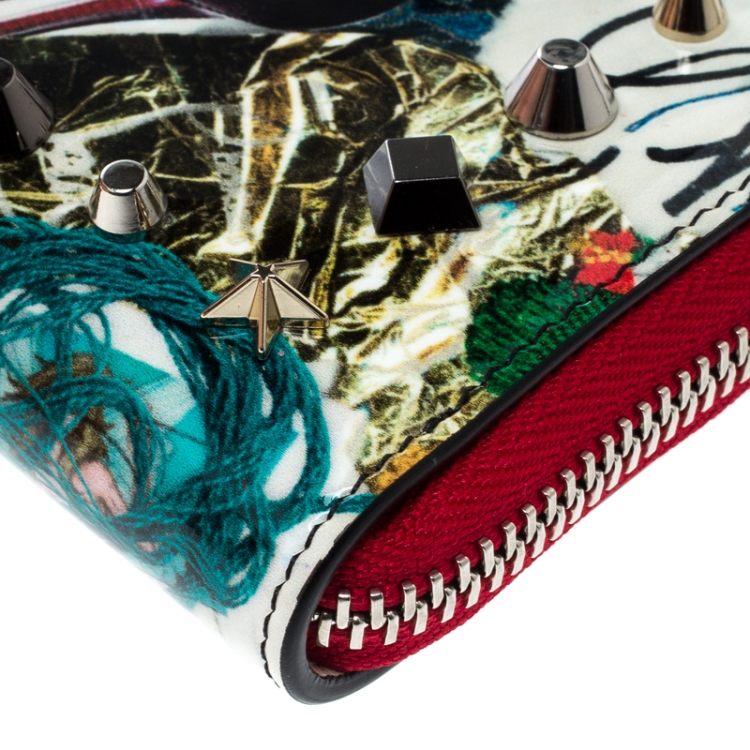 Pre Owned  Christian Louboutin Multicolor Trash Print Patent Leather Panettone Spiked Zipper Coin Purse