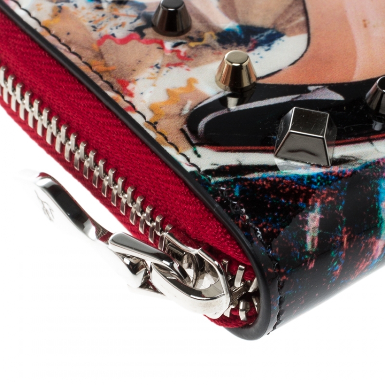 Pre Owned  Christian Louboutin Multicolor Trash Print Patent Leather Panettone Spiked Zipper Coin Purse