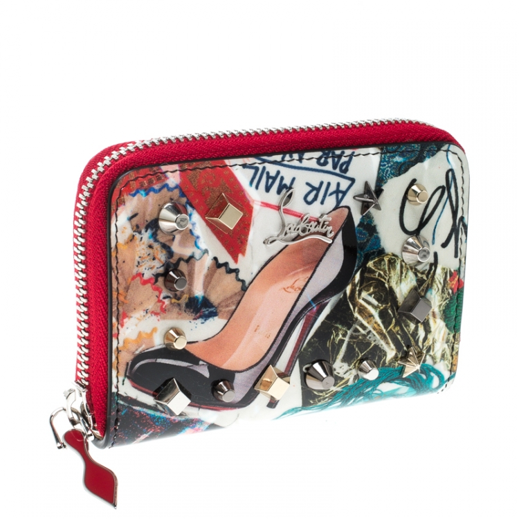 Pre Owned  Christian Louboutin Multicolor Trash Print Patent Leather Panettone Spiked Zipper Coin Purse