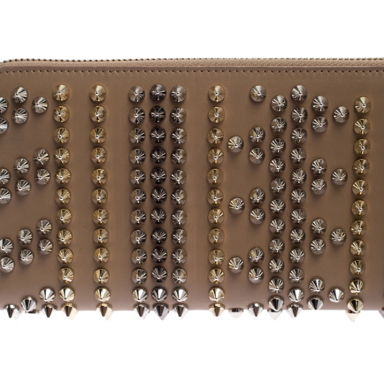Pre Owned Christian Louboutin Beige Leather Spiked Zip Around Wallet