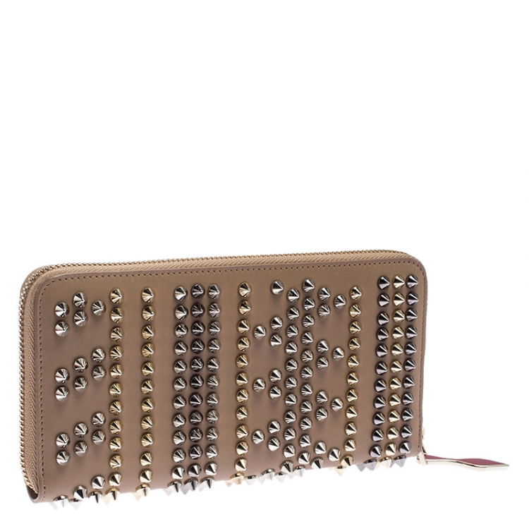 Pre Owned Christian Louboutin Beige Leather Spiked Zip Around Wallet