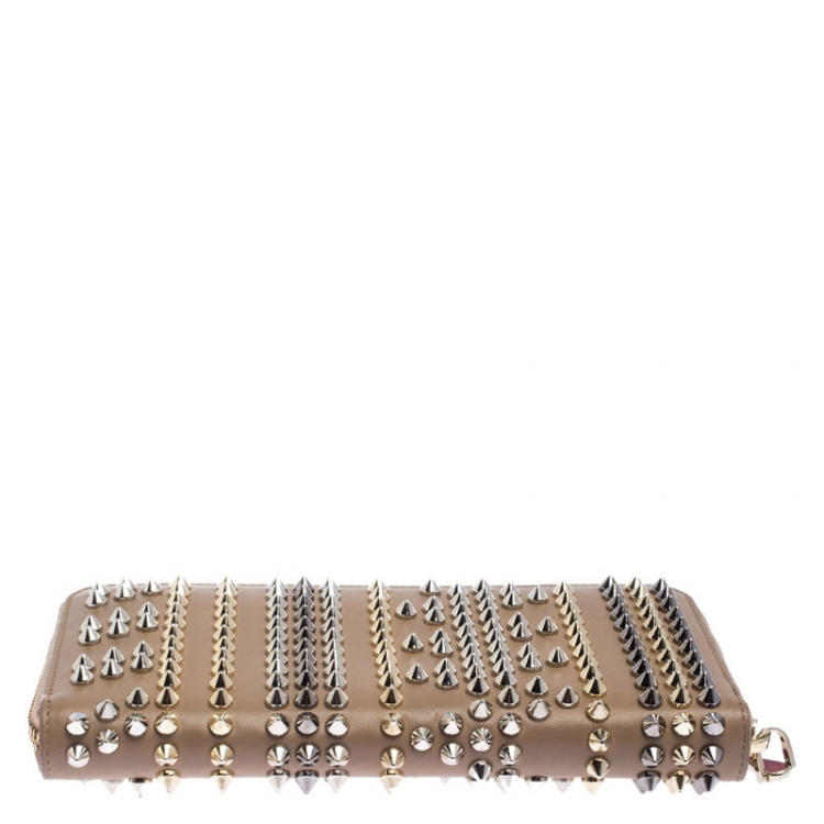 Pre Owned Christian Louboutin Beige Leather Spiked Zip Around Wallet