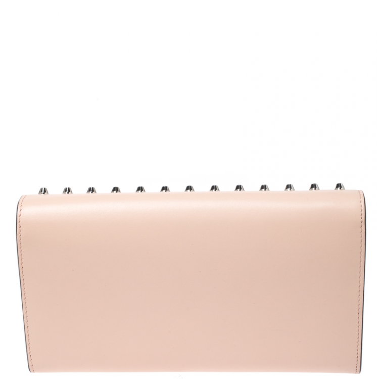 Pre Owned Christian Louboutin Beige Leather Macaron Studded Wristlet Flap Wallet 
