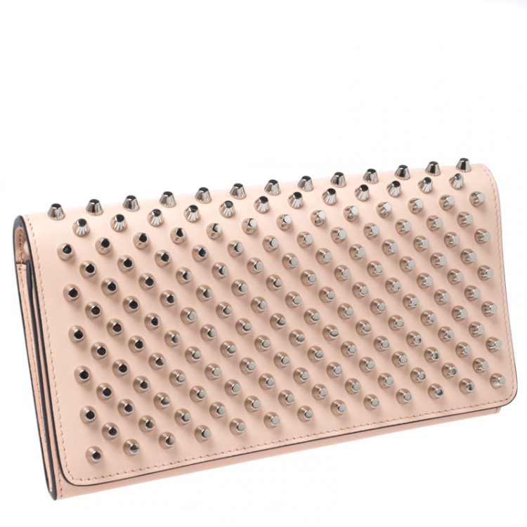 Pre Owned Christian Louboutin Beige Leather Macaron Studded Wristlet Flap Wallet 