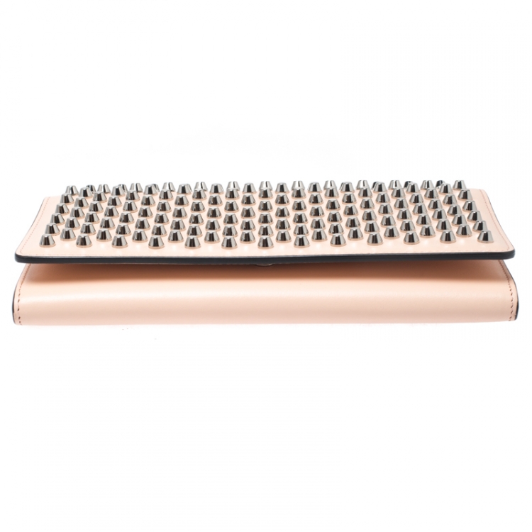 Pre Owned Christian Louboutin Beige Leather Macaron Studded Wristlet Flap Wallet 
