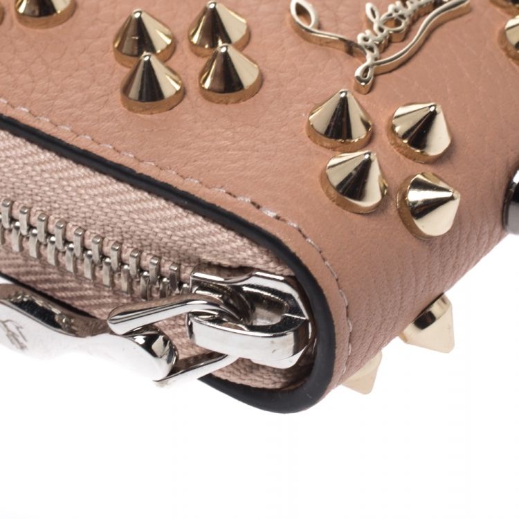 Pre Owned Christian Louboutin Beige Leather Spikes Panettone Zip Around Wallet 