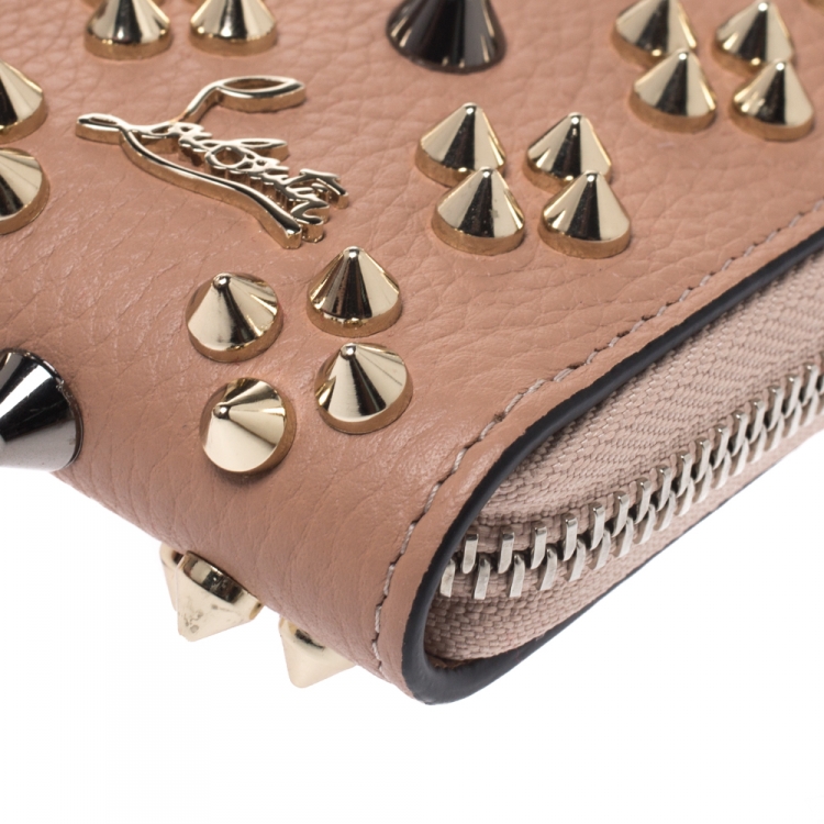 Pre Owned Christian Louboutin Beige Leather Spikes Panettone Zip Around Wallet 