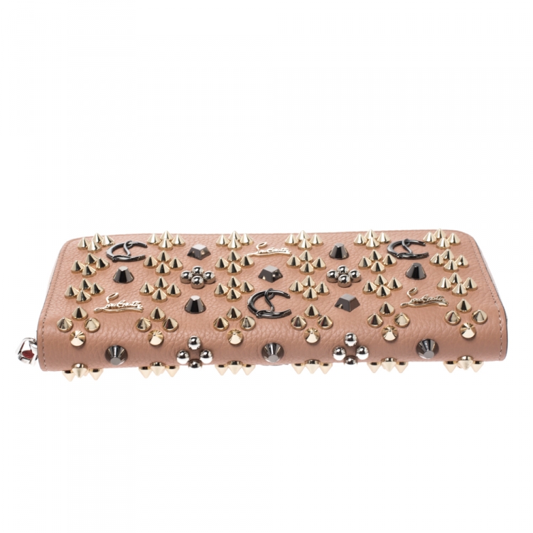 Pre Owned Christian Louboutin Beige Leather Spikes Panettone Zip Around Wallet 