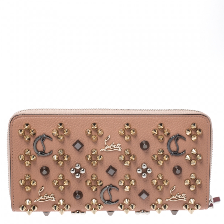 Pre Owned Christian Louboutin Beige Leather Spikes Panettone Zip Around Wallet 