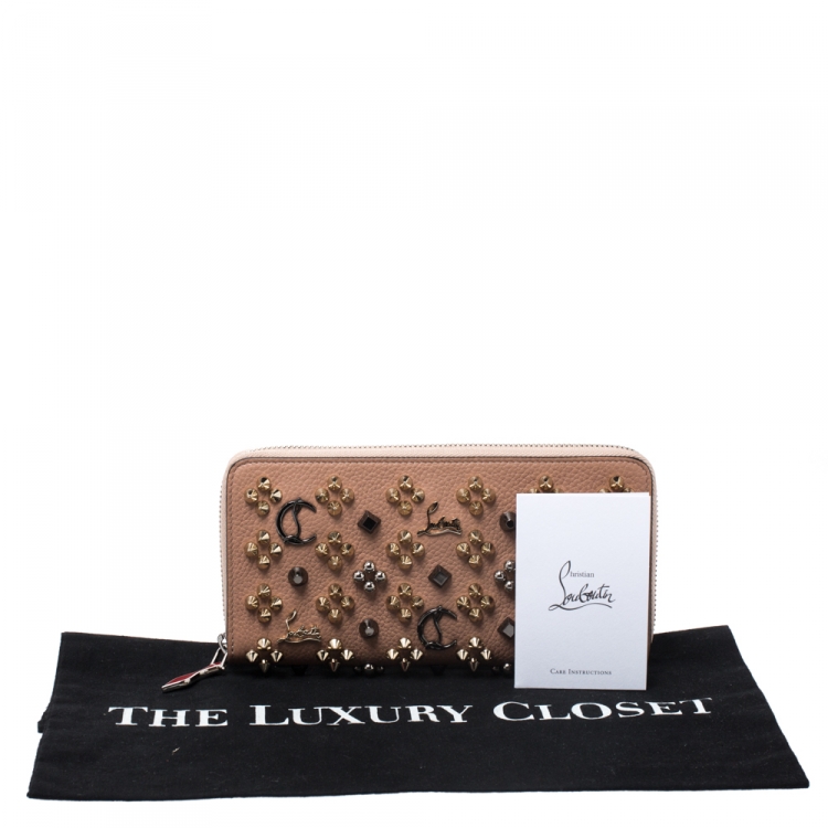 Pre Owned Christian Louboutin Beige Leather Spikes Panettone Zip Around Wallet 